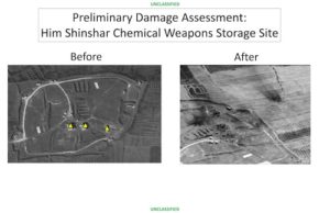 Telles sont les images que le Département de la Défense a présentées le 14 avril après les frappes de missiles américains sur le site syrien d'Him Shinshar de stockage d'armes chimiques.